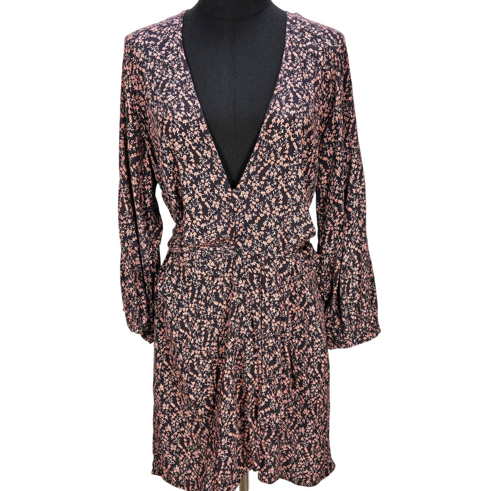 Women's Free People Large Black Floral Ditsy Mini Dress Long Sleeve Boho